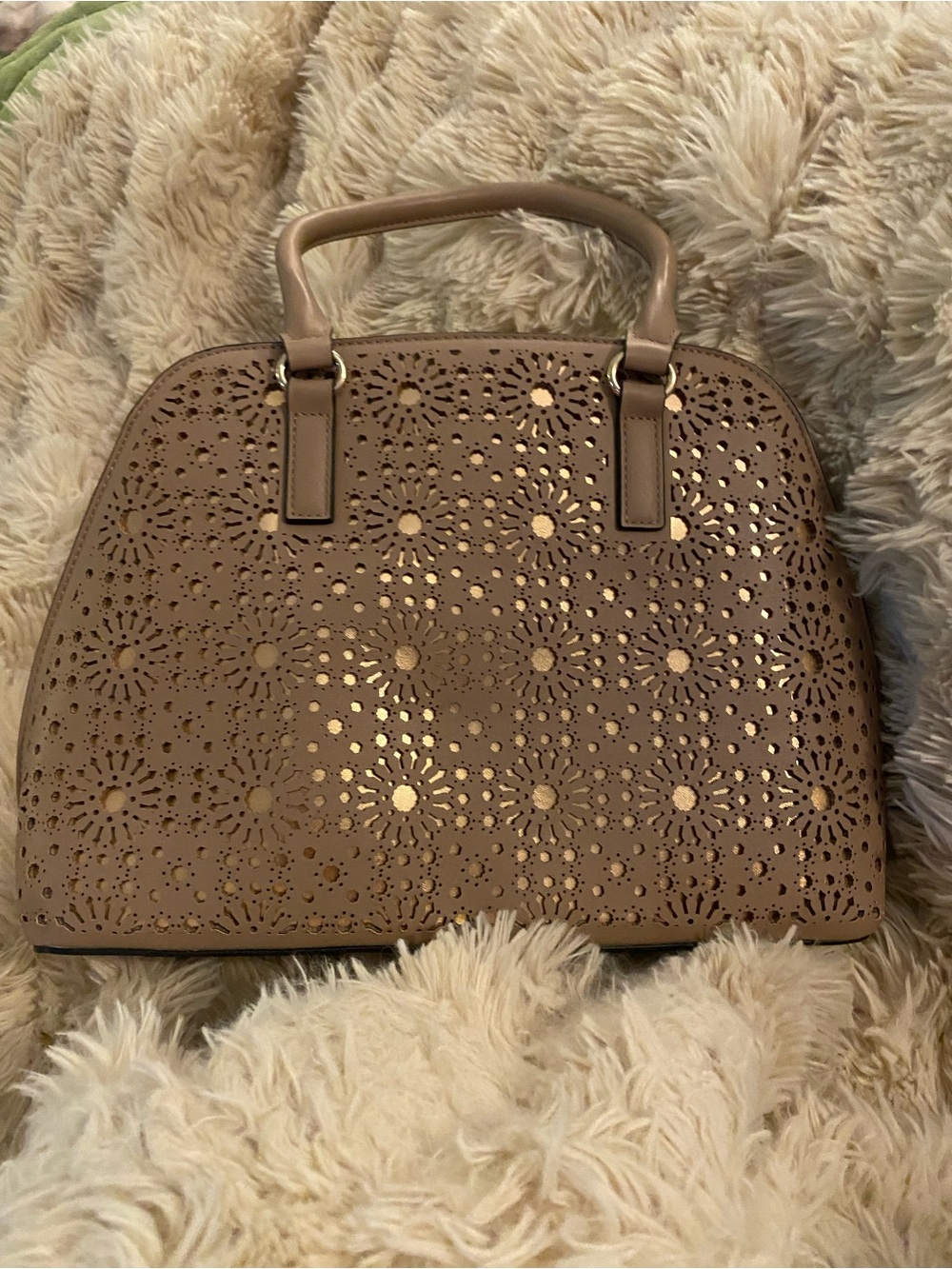 Taupe Laser-Cut Top-Handle Satchel by Kelly and Katie